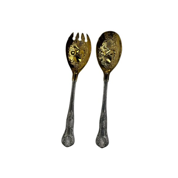 Decorative Vintage Gold & Silver Salad Serving Set Mid Century TableWare Dining - Picture 4 of 6